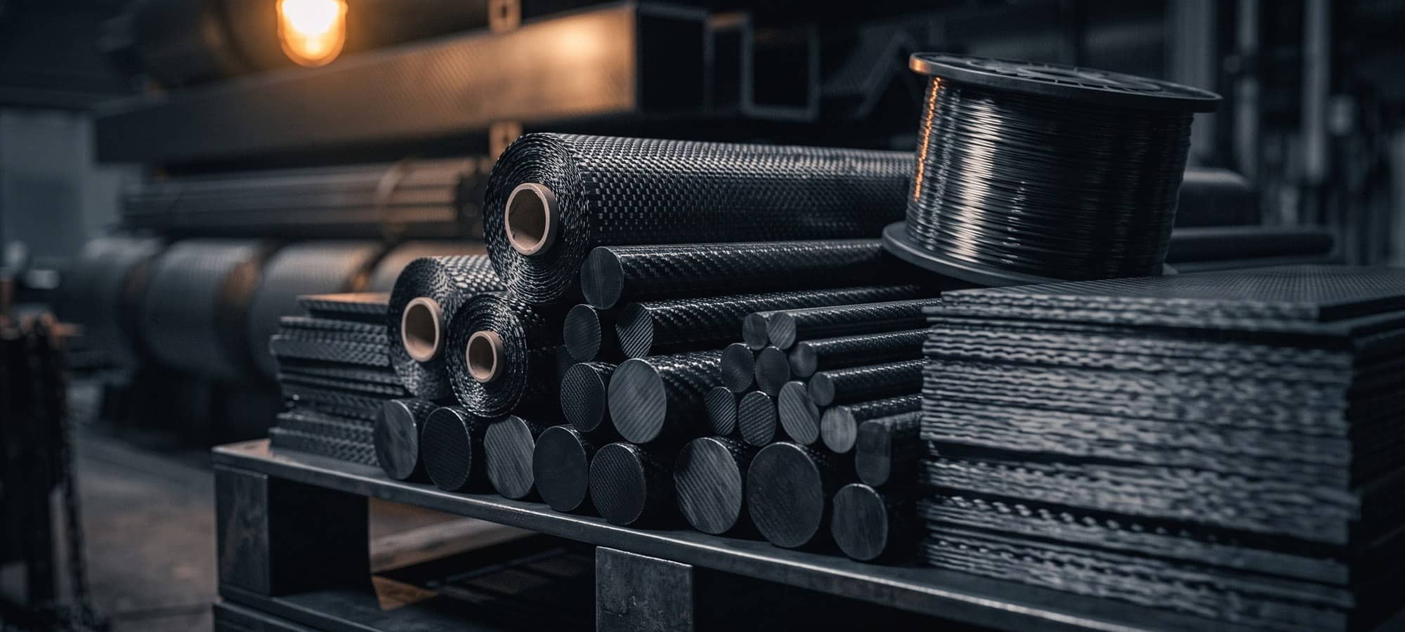 Carbon fibre fabric rolls, rods and plates stacked together