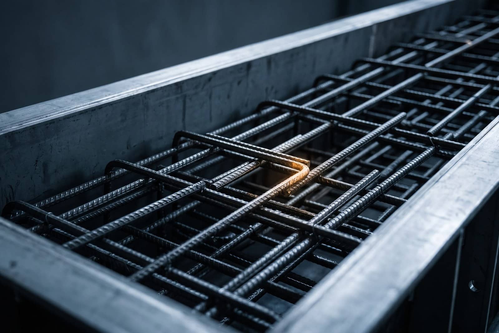 A steel reinforcement cage set inside formwork