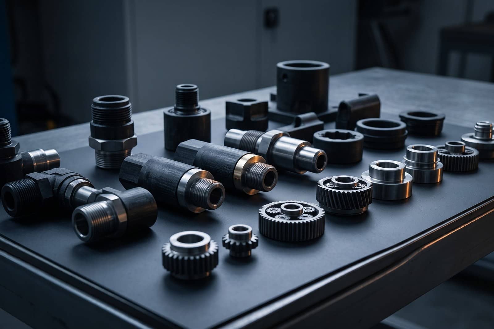 Machined metal fittings and bushes on a workbench