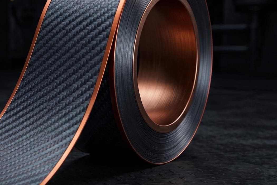 A roll of pultruded carbon fibre strip, partly unrolled